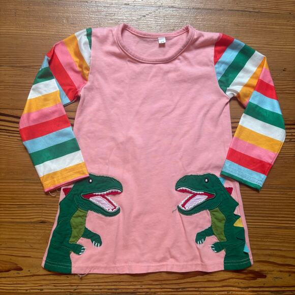 Shein pink colorful striped long sleeve dinosaur girls dress SIZE 4T - Picture 1 of 5